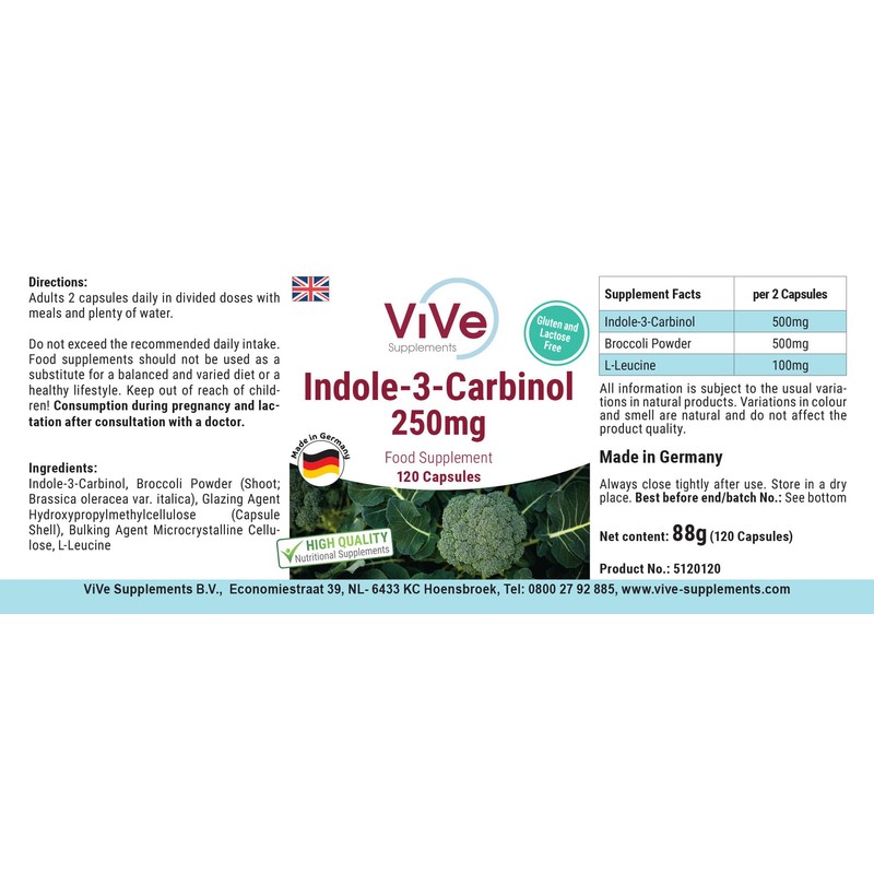 Indole-3-Carbinol, 120 Capsules with Broccoli Sprout Powder, for 2 Months,