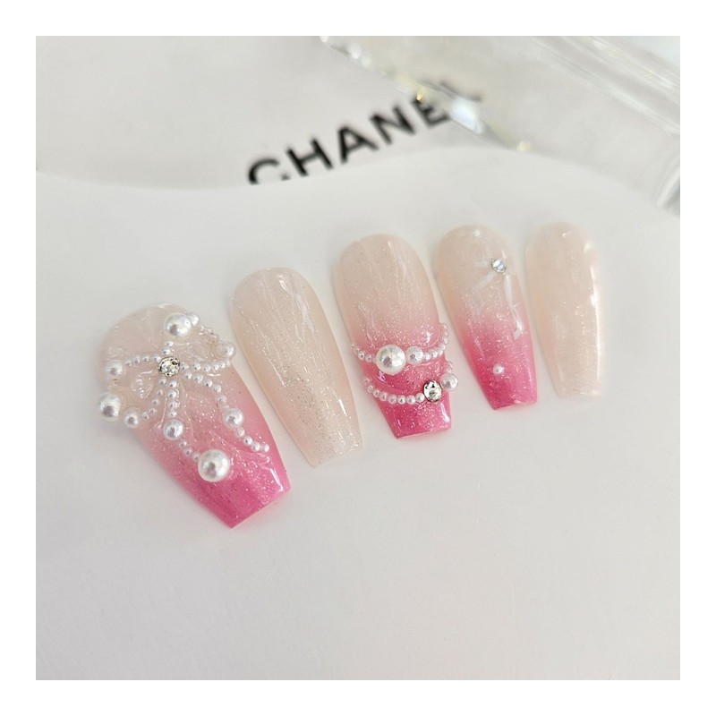 Pearl Ribbon Handmade Nail Tips - Long Point / 진주