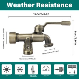 Outdoor Garden Water Faucet with Double Outlet, Outside Wall Mounted Garden Water Faucet with Two 3/4 Inch Brass Ball Valves, Rust & Frost-Proof Outdoor Spigot for Garden Hose (Female, Bronze)