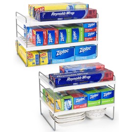 2 Pack Expandable Kitchen Wrap Organizer Rack, Height & Width Adjustable Aluminum Foil and Plastic Wrap Organizer for Pantry, Cabinet Food Wrap Organization and Storage - (3 Tier 9.8 to 15.6"L)