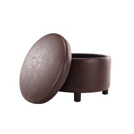 Wovenbyrd Classic Large Round Storage Ottoman Footstool with Removable Lid Dark Brown Faux Leather