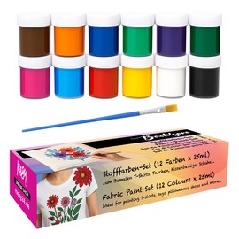 MEBY Textile Paints - Fabric Paint Set with Brush, Washable & Bright Textile Paints for Children & Adults, Ideal for T-Shirts, Bags & Fabrics (12 Colours x 25 ml)