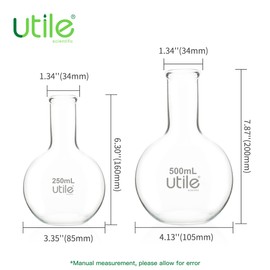 Utile 2pcs of Flat Bottom Flasks, 250ml 500ml Narrow Mouth Glass Flasks,Lab Boiling Flasks with Printed Graduation for Lab Science 4012.9014.1
