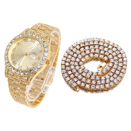 Halukakah Diamond Gold Watch Iced Out, Men's 18 Carat Real Gold/Platinum White Gold Plated Quartz Bracelet 24 cm Round Dial, with Tennis Chains Necklace Bracelet Set Options, Comes with Gift Box,