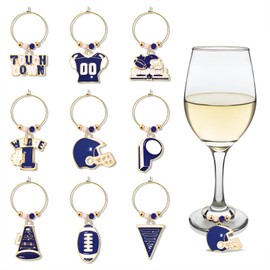 Football Wine Glass Charms Set of 9 Game Day Wine Charms Football Touch Down Steam Glasses Markers Drink Identifiers Tags for Cups Game Day Party Supplies Accessories (Blue White)