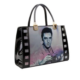 Women's Eye-Cathing Shiny 3D Elvis Film Design Patent Leather Tote Shoulder Handbag (Black)