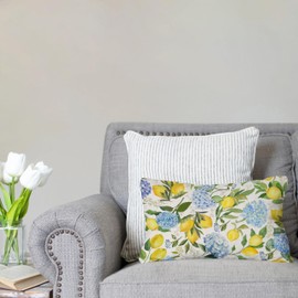 AOFANGGO Summer Lemon Hydrangea Pillow Cover 12x20 Blue Yellow Watercolor Repeating Floral Decorative Throw Pillow Covers Outdoor Farmhouse Cushion Cases for Sofa Couch Bed Living Room Decor