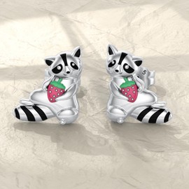 YFN Raccoon Earrings Sterling Silver Raccoon Strawberry Stud Earrings Raccoon Jewelry for Women Raccoon Gifts for Raccoon Lovers