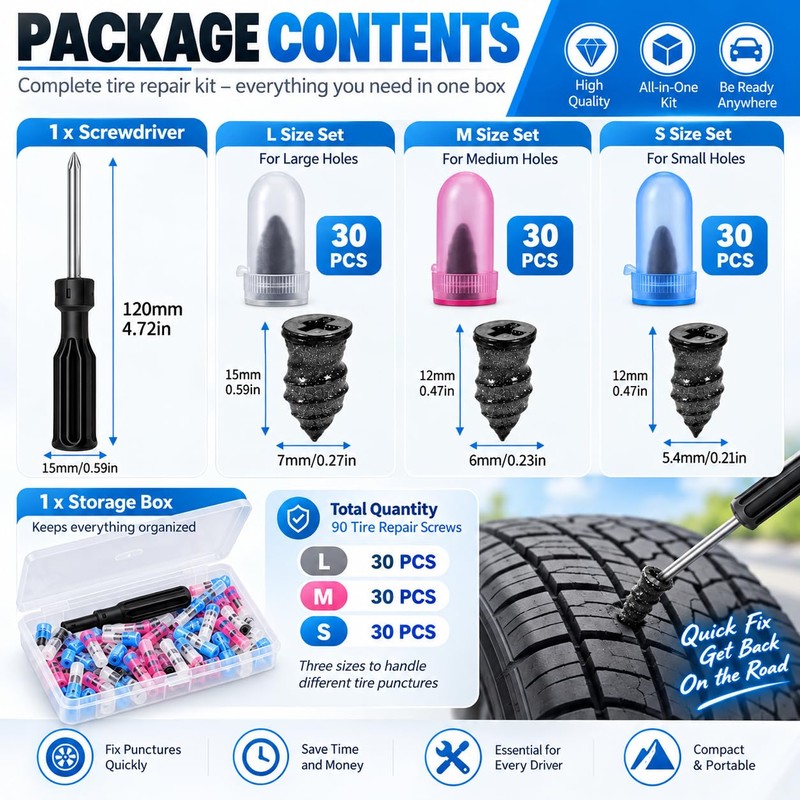 90PCS Tyre Repair Kit Rubber Nails Car Puncture Repair with