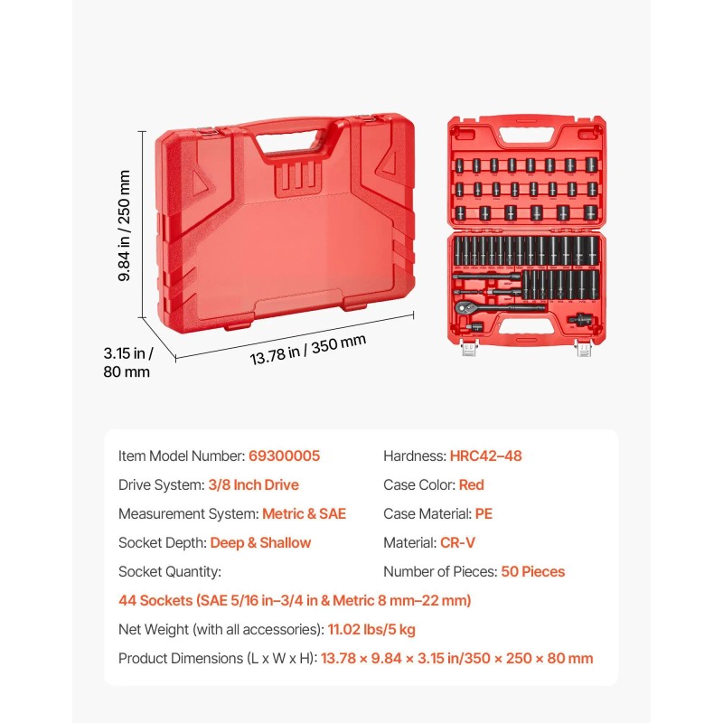 50-Piece 3/8 in Drive Impact Socket Set 6 Point Deep