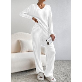 SHEWIN Pajamas for women Long Sleeve Sweater 2 Piece Sets Fall Fasion 2025 Casual Ribbed Knit Lounge Set White M