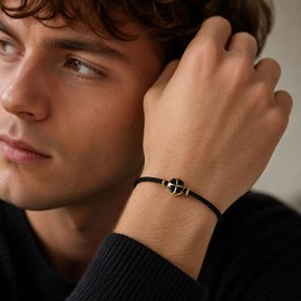Cordo Aegis Men's Black Cord Bracelet, Hand-Woven Rope Bracelet with Japanese Glass Bead Lucky 4 Leaf Clover, Adjustable Braided Wristband, Gold-Tone Accent