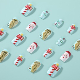 Christmas Press on Nails Square,Fresh Xmas False Nails with Santa Claus Design,Cute Cartoon Medium Length Chrismas Fake Nails, Unique Festival French Manicure for Women or Girls