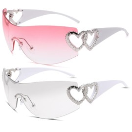 COASION Wrap Around 2000S Rimless Sunglasses for Women Men Oversized Trendy Sun Glasses Visor Shield Shades (White/Gradient Silver + White/Gradient Pink)