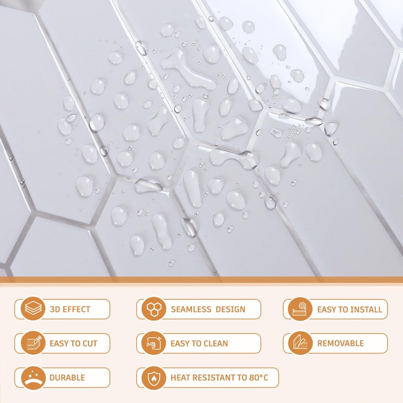CRE8TIVE 4 Sheets White Long Hexagon Peel and Stick Backsplash