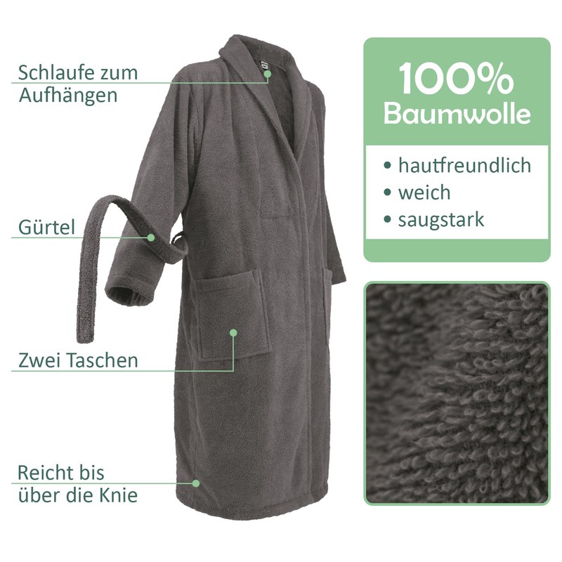 Celodoro Bathrobe for Men and Women, Pure Cotton, charcoal