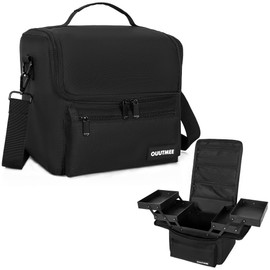 OUUTMEE Makeup Travel Train Case, Black Makeup Carrying Organizer Bag, 4 Tier Professional Organizer Case with Straps Pockets for MakeUp Nail Tools