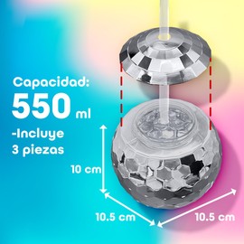 Kit de Vasos Bola Disco Espejo Copa de 550ml con Popotes, Ideal para Fiestas y Eventos Grupo Carnavallia