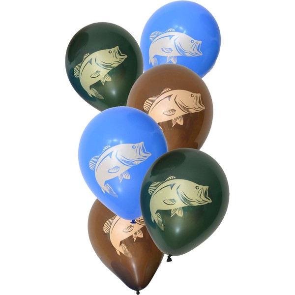 Havercamp 6 Count Gone Fishin' Party Balloons 12" | Latex 3 colors, 6-Pack | Largemouth Bass on Both Sides