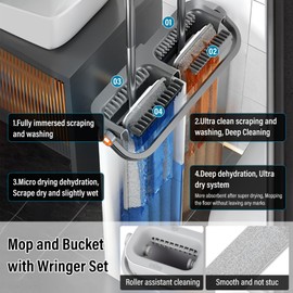 Sayene Flat Mop and Bucket Set with Wringer,Flat Squeeze Mop Head for Home Floor Cleaning,Dust Mops for Wall Cleaner with Long Handle,6 Reusable Microfiber Pads,for Hardwood,Wood,Bathroom Mop