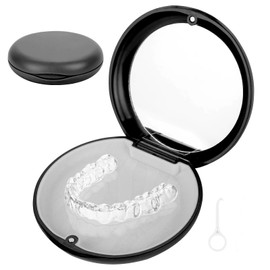 retainer case with magnetic closure,dento box rail box,portable orthodontic box,denture storage box,denture holder case,round retainer container,slim braces case,denture baths+removal tool-black