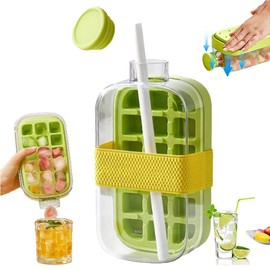 WRQIOO Ice Cube Bottle with Straw, 2 in 1 Ice Cube Tray Water Bottle, 800ml Portable Ice Cube Making Bottle with Lid, One-Touch Ice Release & No Touching, for Coffee Juice Beverage Outdoor Picnics