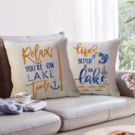 ULOVEYOURSELF 4 Pack Nautical Lake Life Decorative Throw Pillow Covers, Paddle/Sailboat/Anchor/Fishing Rods with Quotes, 18 x 18 Inch, Blue/Orange, Perfect for Home, Car, Outdoor