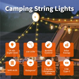 CINGALOOK Solar Camping String Lights, 2 in 1 Solar Battery String Light Lantern Waterproof 39.4ft 8 Modes, Solar String Lights for Camping 3600mAh Rechargeable String Lights