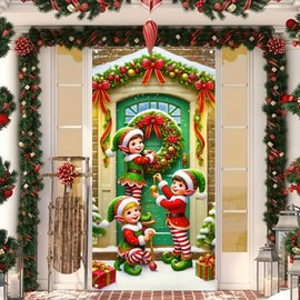 Christmas Party Decorations Elf Christmas Door Cover Hanging Banner Cute Buddy Elf Photo Booth Props Funny Christmas Photography Background for Indoor Outdoor Holiday Party Supplies 71x35 Inch