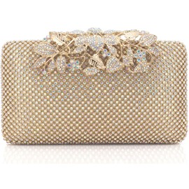Women's Rhinestone Clutch Purse with Crystal Floral Clasp, Sparkling Evening Bag Handbag for Wedding Formal Party with Chain Strap(Gold)
