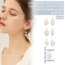Beebeecraft 1 Box 30Pcs Freshwater Pearl Charms 18K Gold Plated Ball Head Pins Baroque Natural Irregular Rice Pearl Dangle Drop Charms Pendant for Summer Them DIY Bracelet Jewellery Making