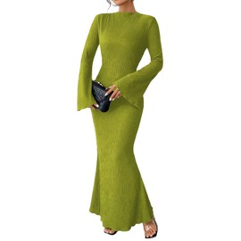 Narecte Fall Dresses for Women 2024 Maxi Dresses Solid Color Boho Dresses Flare Sleeve Dress Bodycon Dresses Green L