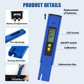 PH Meter Digital, PH Accuracy Water Quality Test 0-14 PH Measuring Range, PH Water Tester Aquarium with Auto Calibration Digital, High Accuracy PH Tester for Aquarium Drinking Water Pool Laboratory