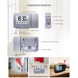 VORRINC Projection Alarm Clock Digital Clock with USB Port, Indoor Temperature Display and Date Display, 4 Brightnesses, Dual Alarm, Calendar, for Home Office, Children's Room (Silver)
