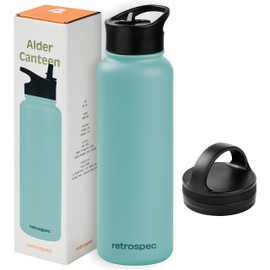 Retrospec Alder Insulated Water Bottle with Straw Lid & Handle Cap - Stainless Steel Wide Mouth Double-Wall Vacuum Insulated Thermos - BPA Free Leakproof Canteen - Blue Ridge, 40oz