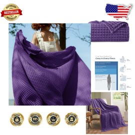 Luxury Cooling Waffle Weave Throw Blanket - Soft Bamboo Cotton, 50x70 in Purple