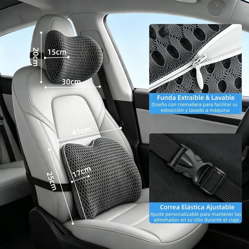 Reposacabezas de Coche y Cojín de Apoyo Lumbar (Gris Oscuro)