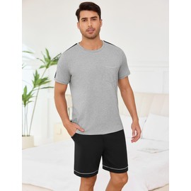 Crewhpo Men's Short Cotton Two-Piece Pyjamas Short Sleeve with Crew Neck Pyjamas Men in Contrast Colour Sleepwear Loungewear Summer, Grey and black, XL