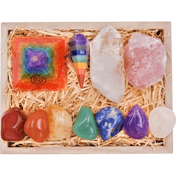 Premium Healing Crystals Kit in Wooden Box - 7 Chakra Set Tumbled Stones, Rose Quartz,Orgone Chakra Pyramid, Crystal Points, Chakra Pendulum + 82 Page E-Book + 20x6 Reference Guide Poster, Ribbon Bow