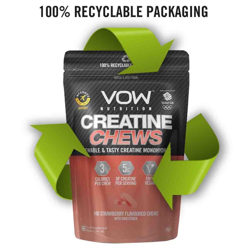 VOW Nutrition Creatine Chews,100 Strawberry Flavoured Chews, Creatine Monohydrate, Convenient