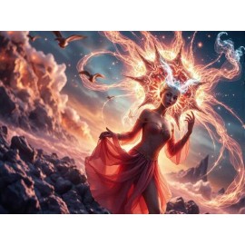 A Woman in a Flowing Red Dress Stands amidst Celestial Fire Poster 18 x 24