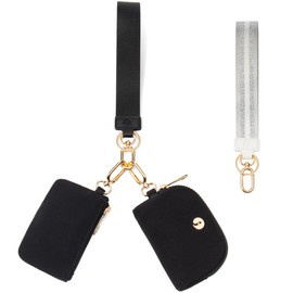 JEEBURYEE Dual Pouch Wristlet Keychain Wallet with 2 Wrist Straps - Small and Portable Mini Zipper Coin Purse Card Wallets for Women Men Gold Hardware Black+Black