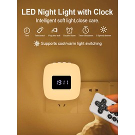 Wall Plug-in Sound Wake Up Night Light for Kids with Clock and Remote Control, 3 Color Temperature Modes Best Companion for Mother and Baby with Automatic Timer
