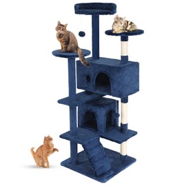 FDW Cat Tree 54in Cat Tower Multi-Level Durable Cat Scratching Post & Cozy Fun Cat Jumping Platform Space Saving Cat Condo Pet Play House for Indoor Cats,Navy Blue