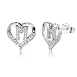 LAXPICOL 26 Initial Earrings for Women Letter M 925 Sterling Silver Stud Earrings Cubic Zirconian Heart Stud Earrings Birthday Valentines Day Gifts for Women 0.5" Silver Tone