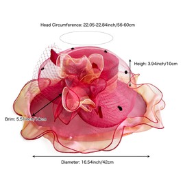 Z&X Women's Organza Church Fascinator Hair Clip Bridal Wedding Tea Party Hat Wide Brim Anti-UV Sun Hat Coral Red