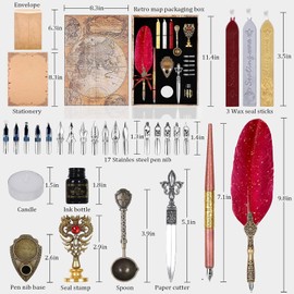 Quill Pen and Ink Set,Feather Pen Ink Set Includes Quill Pen and wooden dip pen,Ink,17 Replacement Nib,Pen Base,3 Wax Seal Sticks,Stamp,White Wax, Spoon,Envelope Letter Paper,envelope tool(Purple)