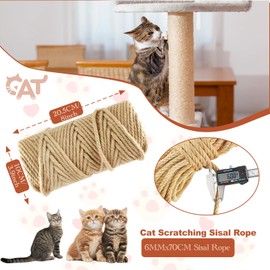 229FT/70M Natural Sisal Rope for Cat Scratching Posts, 6mm Thick Jute Hemp Cat Rope for Cat Tree Replacement, Cat Scratch Post Repair, DIY Projects, and Furniture Wrapping