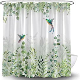 Sage Green Leaves Shower Curtain Spring Watercolor Eucalyptus Leaf Hummingbird Plant Bird Nature Botanical Aesthetic Art Bath Curtain with Hooks