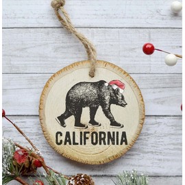 Handmade California Bear Christmas Ornament, Animal Print, Natural Wood Slice
